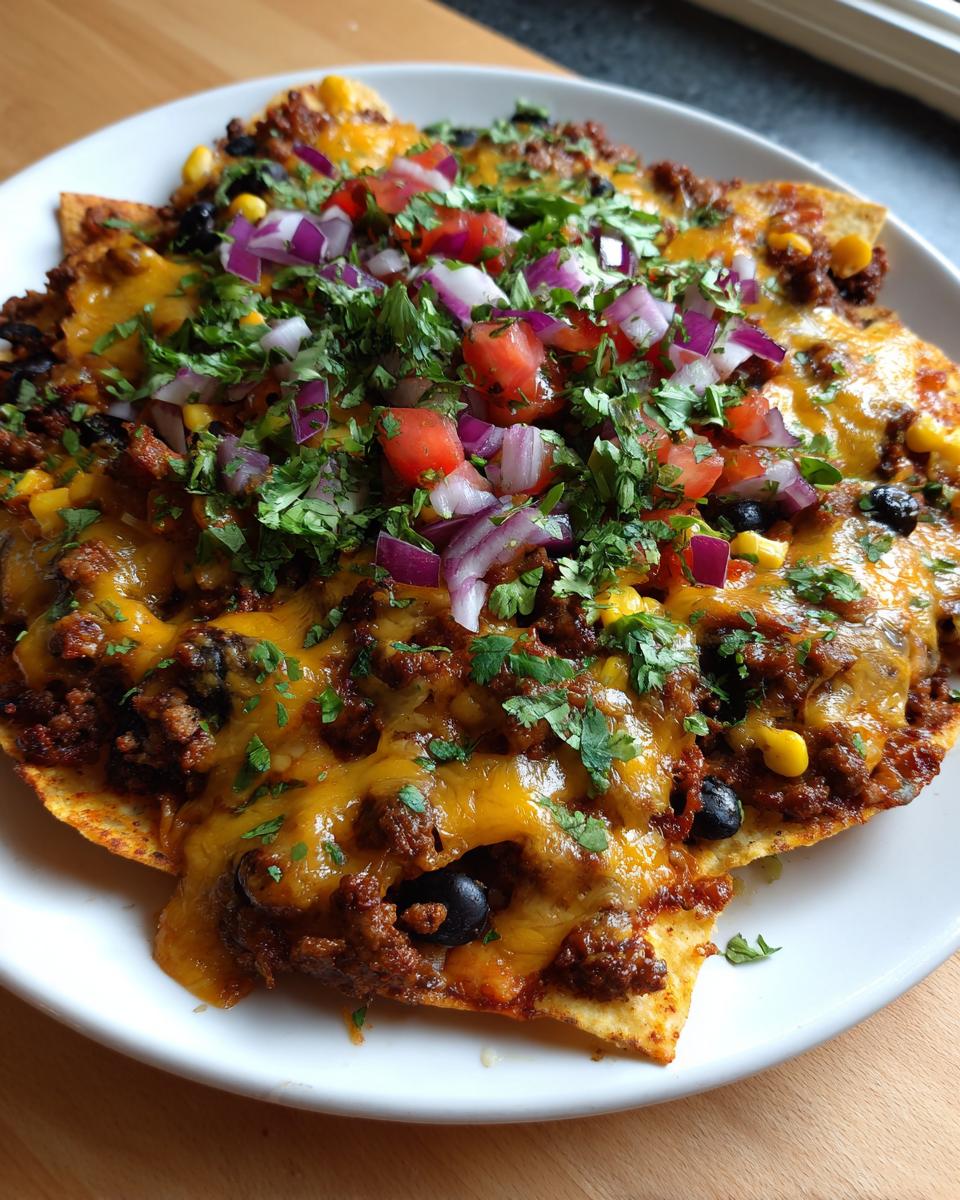 A close-up of a plate piled high with loaded nachos, featuring melted cheese, ground beef, black beans, corn, red onion, and cilantro.
