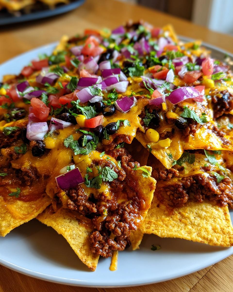 A close-up of a plate piled high with loaded nachos, featuring melted cheese, seasoned ground beef, black beans, corn, tomatoes, and red onions.