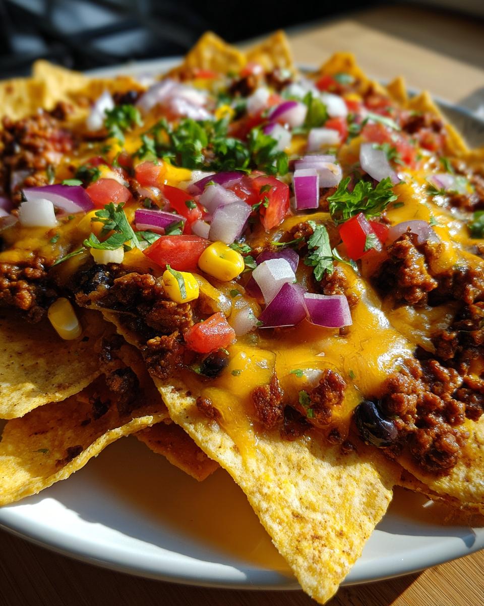 A close-up of delicious loaded nachos topped with melted cheese, seasoned ground meat, black beans, corn, diced tomatoes, and red onions.
