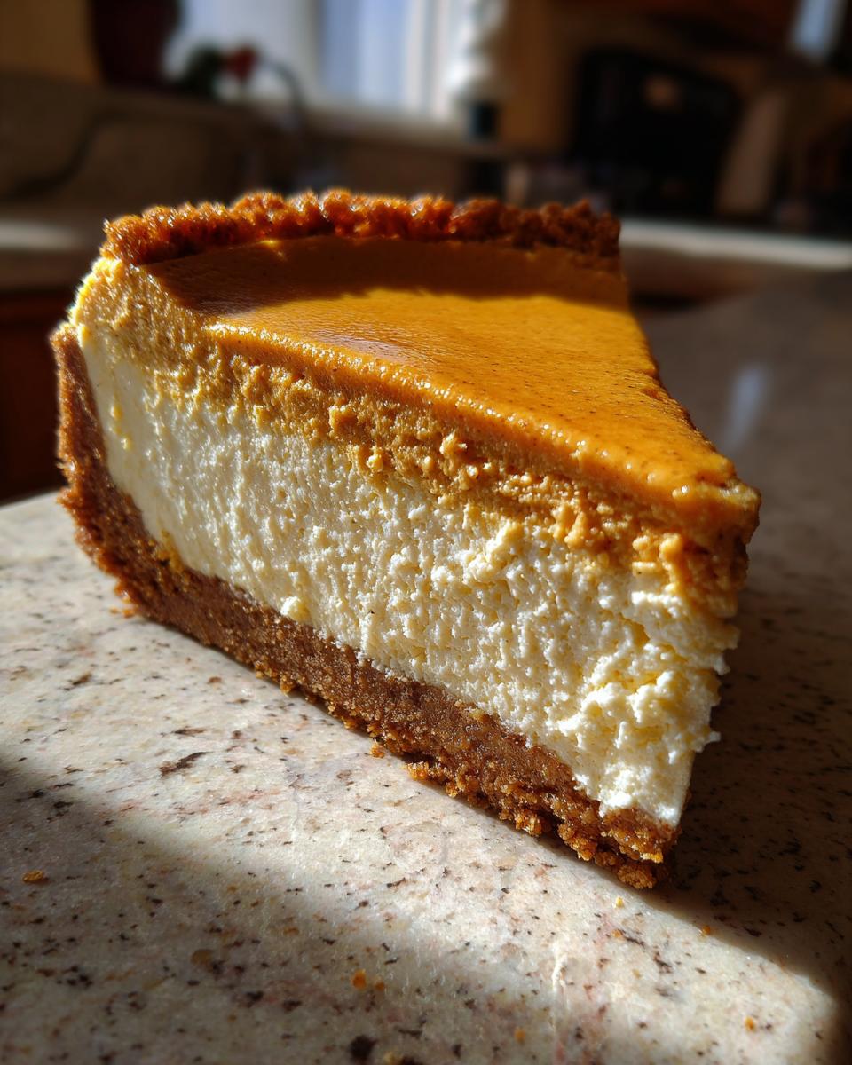 A perfect slice of Luscious Pumpkin Cheesecake with a creamy white filling and a rich pumpkin topping on a graham cracker crust.