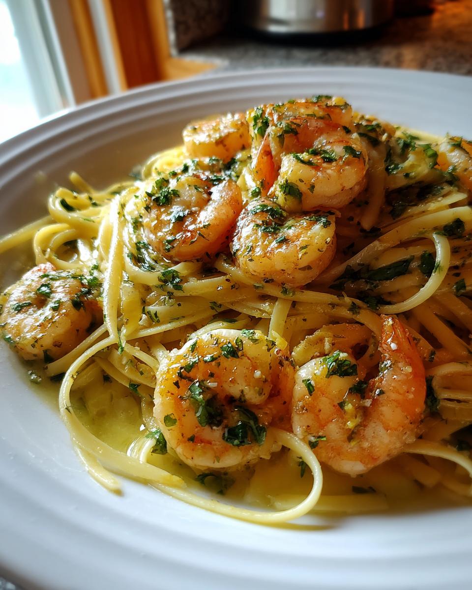 A close-up of succulent shrimp scampi tossed with linguine pasta and fresh parsley, glistening in a garlic butter sauce.