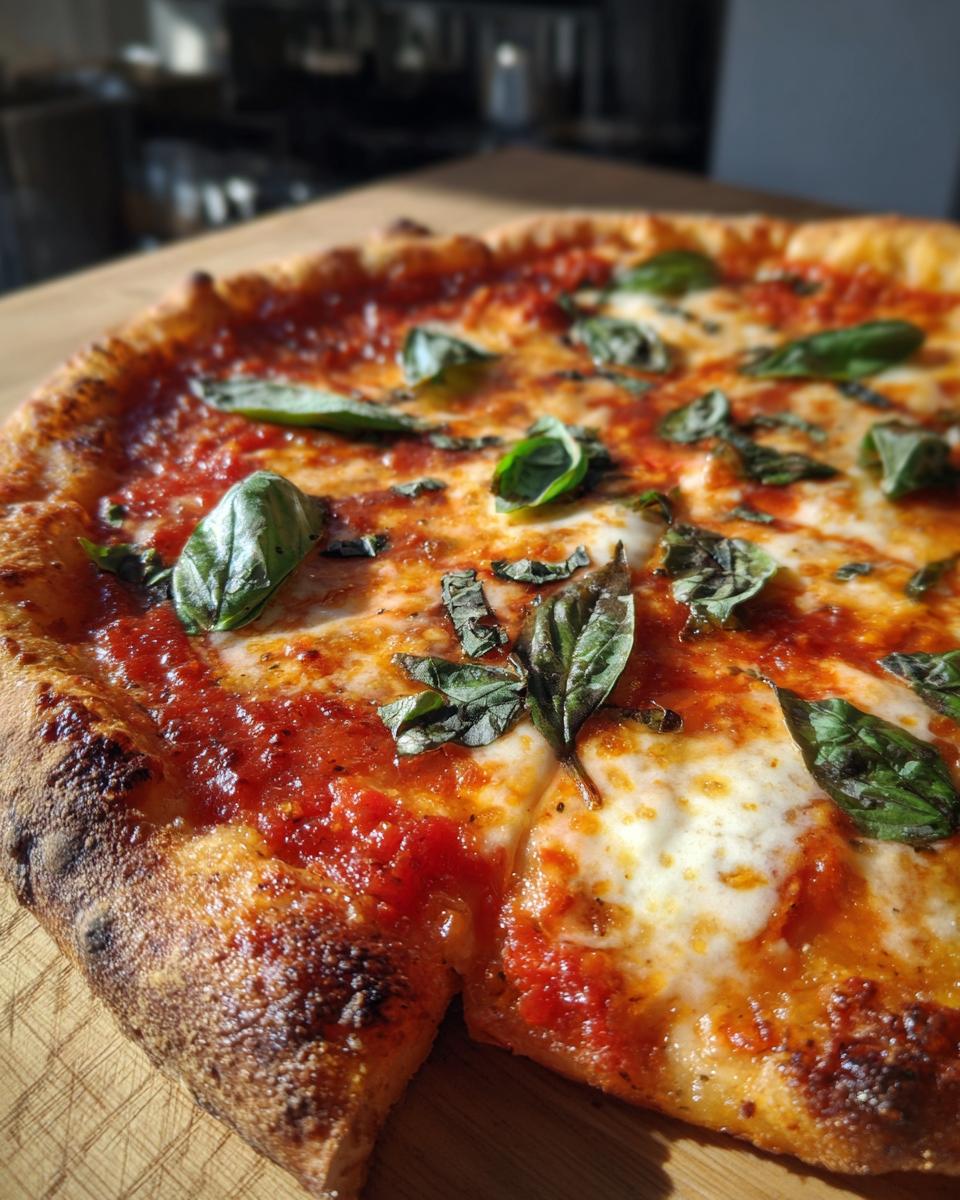 Close-up of a freshly baked Margherita pizza with melted mozzarella, tomato sauce, and fresh basil leaves.