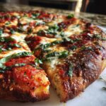 Close-up of a slice of Margherita pizza, featuring melted mozzarella, rich tomato sauce, and fresh basil leaves.