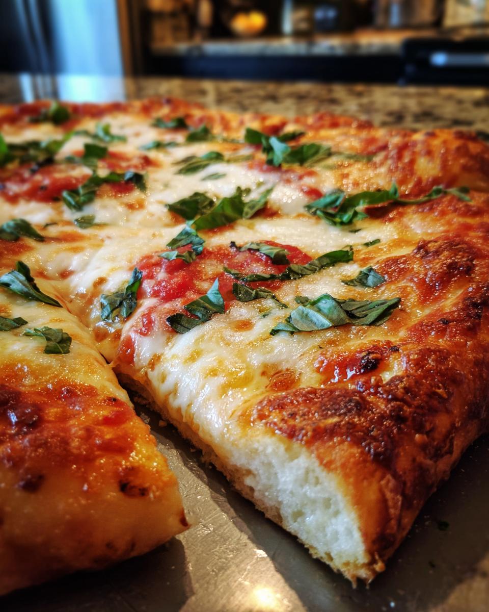 A close-up shot of a slice of Margherita pizza, featuring melted mozzarella, tomato sauce, and fresh basil leaves.