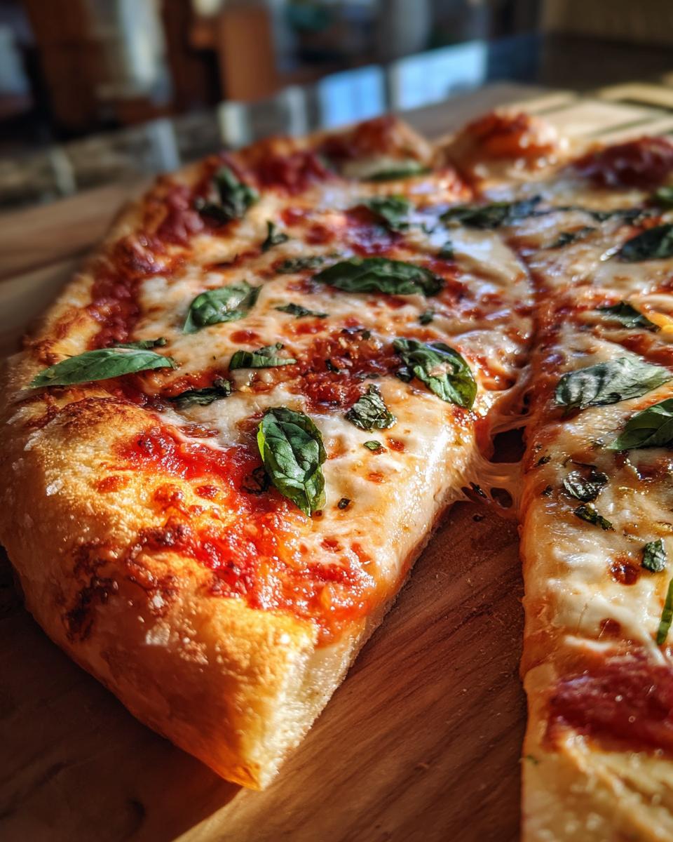 Close-up of a slice of Margherita pizza with melted mozzarella, tomato sauce, and fresh basil leaves.