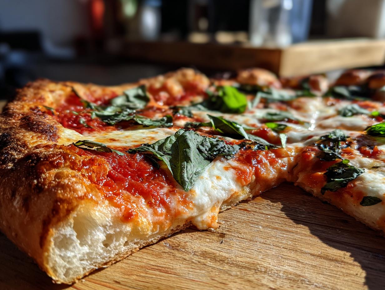 Close-up of a slice of Margherita pizza with melted mozzarella, tomato sauce, and fresh basil leaves.