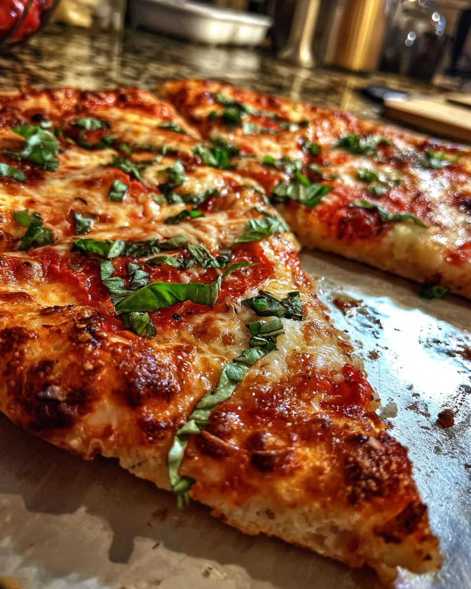 A close-up shot of a slice of Margherita pizza, showcasing melted cheese, tomato sauce, and fresh basil.