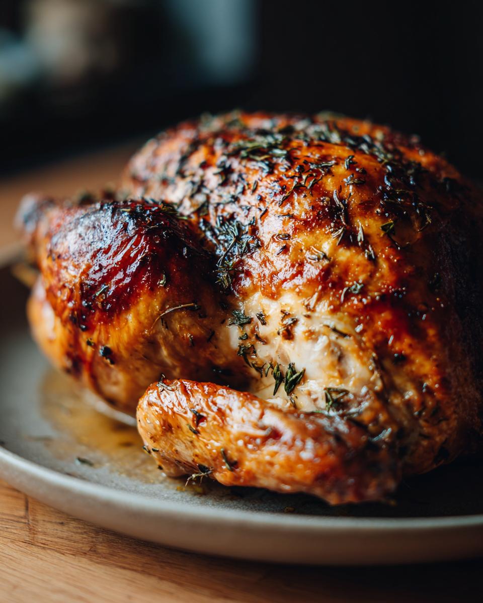 Close-up of a perfectly roasted turkey, glistening with juices and sprinkled with fresh herbs.