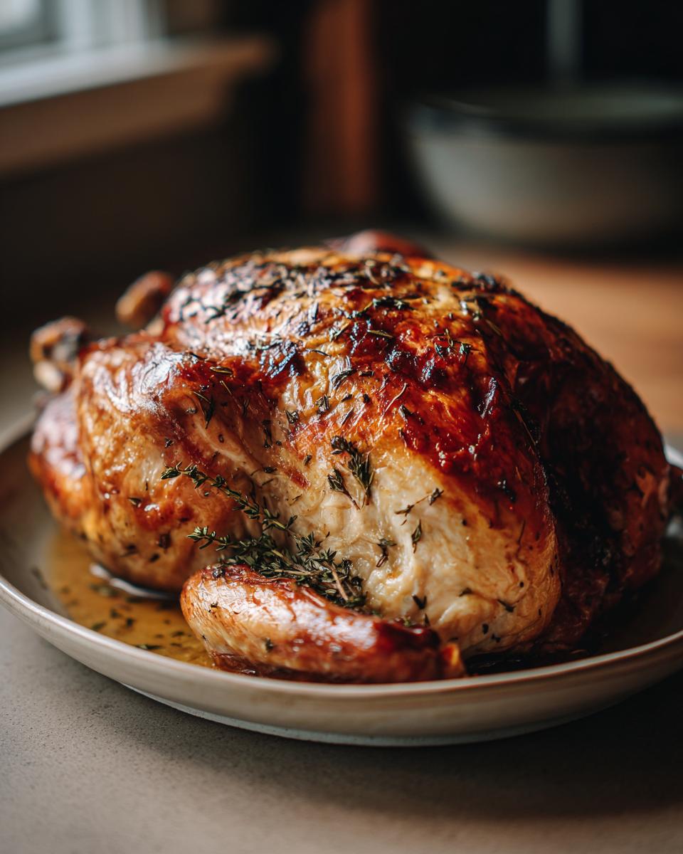 A perfectly roasted turkey with golden-brown skin, seasoned with herbs, resting on a platter.