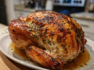 A perfectly cooked, golden-brown roast turkey with herbs, resting in its own juices on a platter.