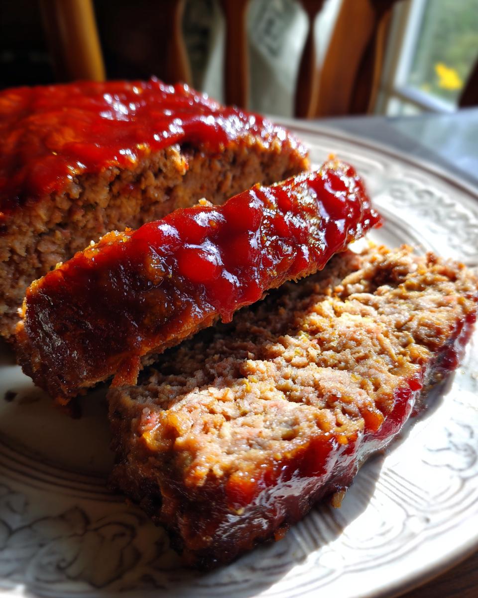 Close-up of a slice of homemade meatloaf topped with a glossy ketchup glaze.