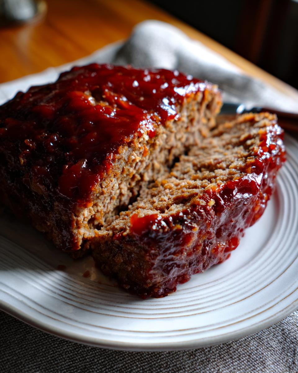 A close-up of a slice of moist meatloaf topped with a glossy red glaze, served on a white plate.