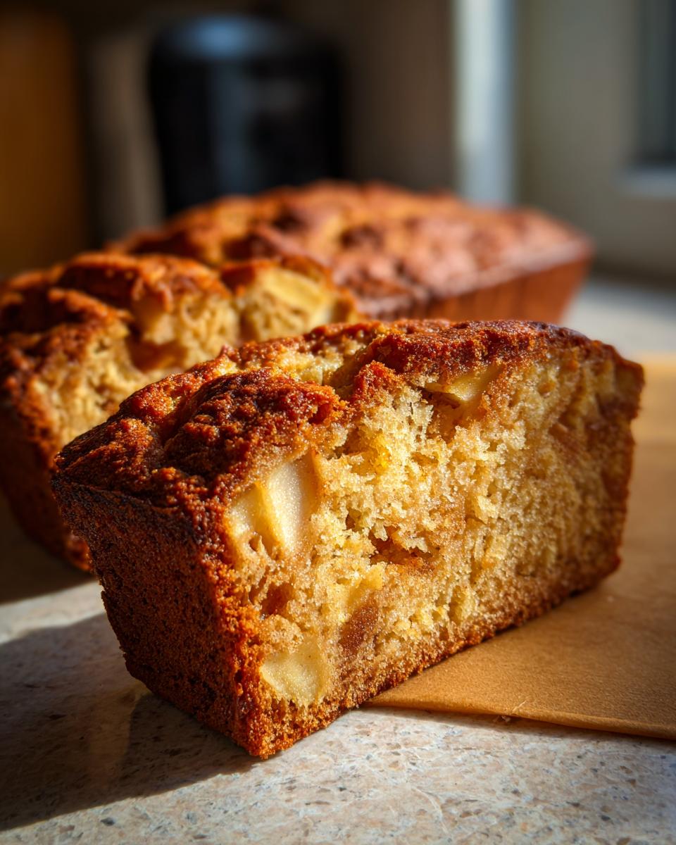 Close-up of a moist apple cake slice, showcasing tender apple pieces within the golden-brown crumb.