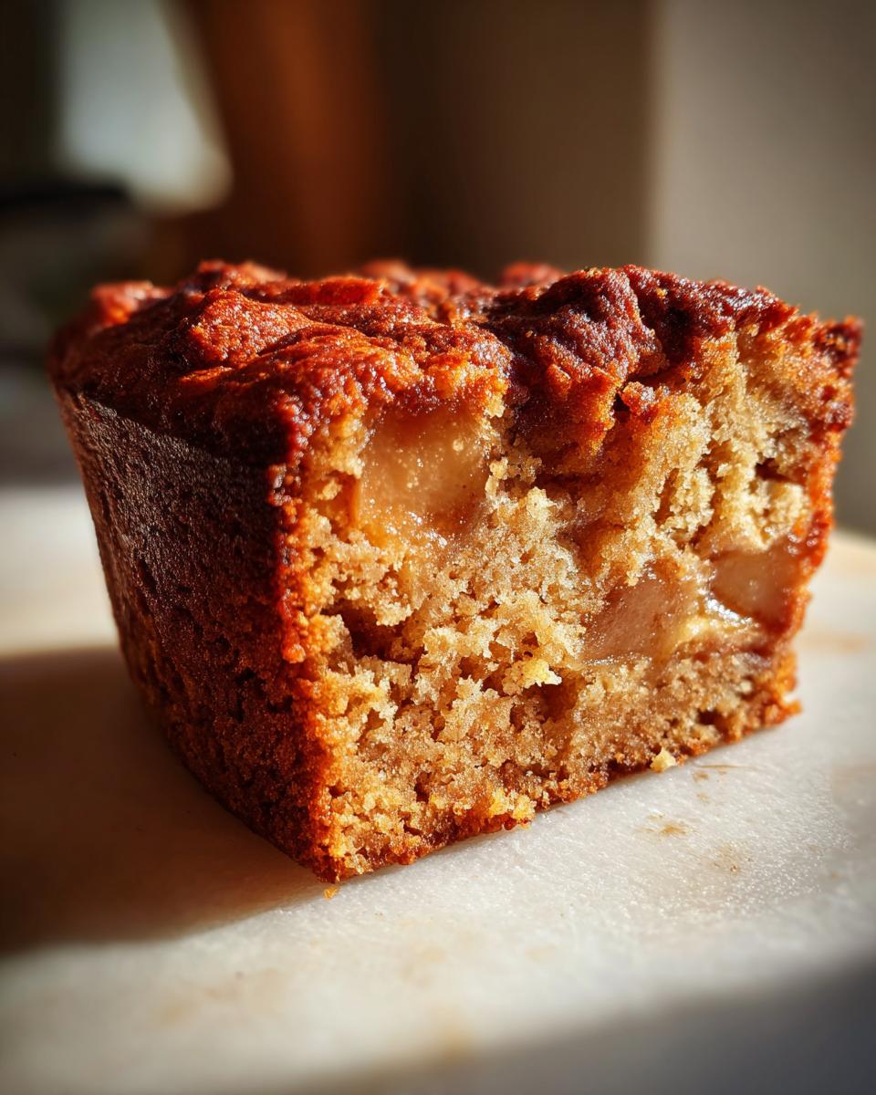 Close-up of a moist apple cake slice, revealing tender cake crumb and soft apple pieces.