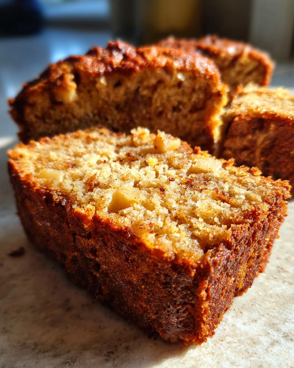 Close-up of a moist apple cake slice, showing chunks of apple and a golden-brown crust.