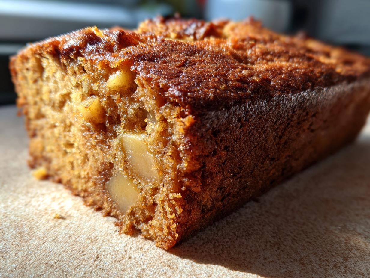 Close-up of a moist apple cake slice showing chunks of apple within the golden-brown crumb.