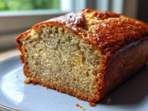 A close-up view of a moist banana bread slice on a light blue plate, showcasing its texture and golden-brown crust.