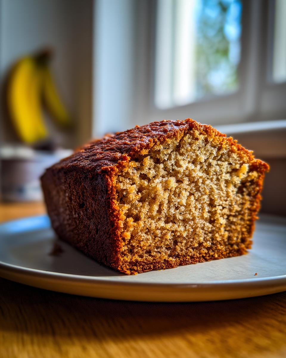 A close-up of a moist banana bread slice on a plate, with a blurred banana in the background.