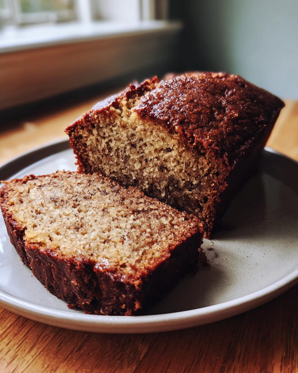 A close-up of a moist banana bread slice on a plate, showing its tender crumb and rich brown crust.
