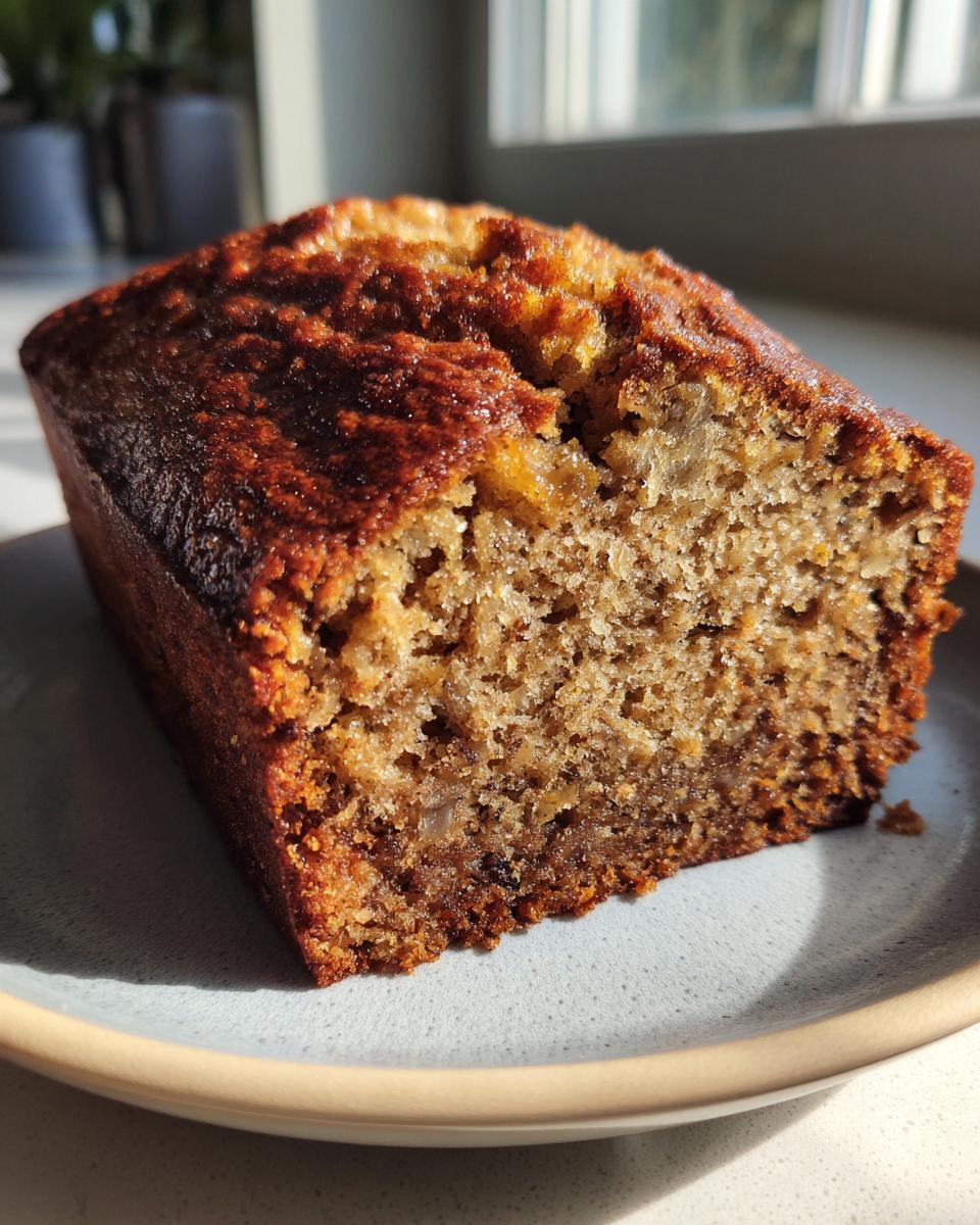Close-up of a moist banana bread slice on a light blue plate, showing its texture and golden-brown crust.
