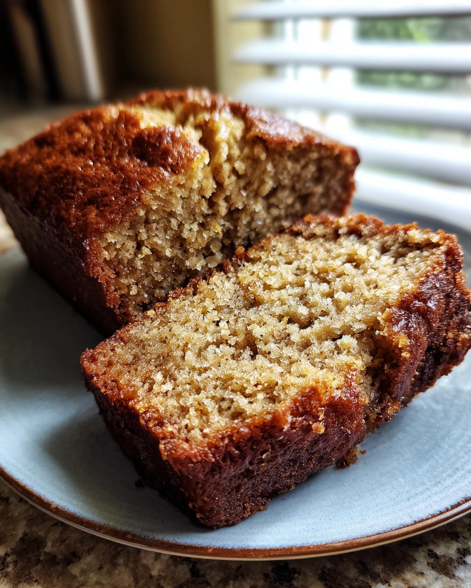 A close-up shot of a slice of moist banana bread on a blue plate, showing its crumbly texture.