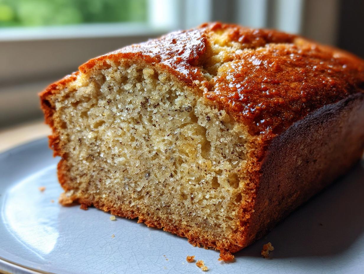A close-up view of a moist banana bread slice on a light blue plate, showcasing its texture and golden-brown crust.