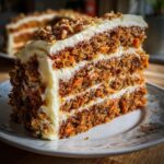 A delicious slice of moist carrot cake with cream cheese frosting and chopped nuts, showcasing multiple layers.