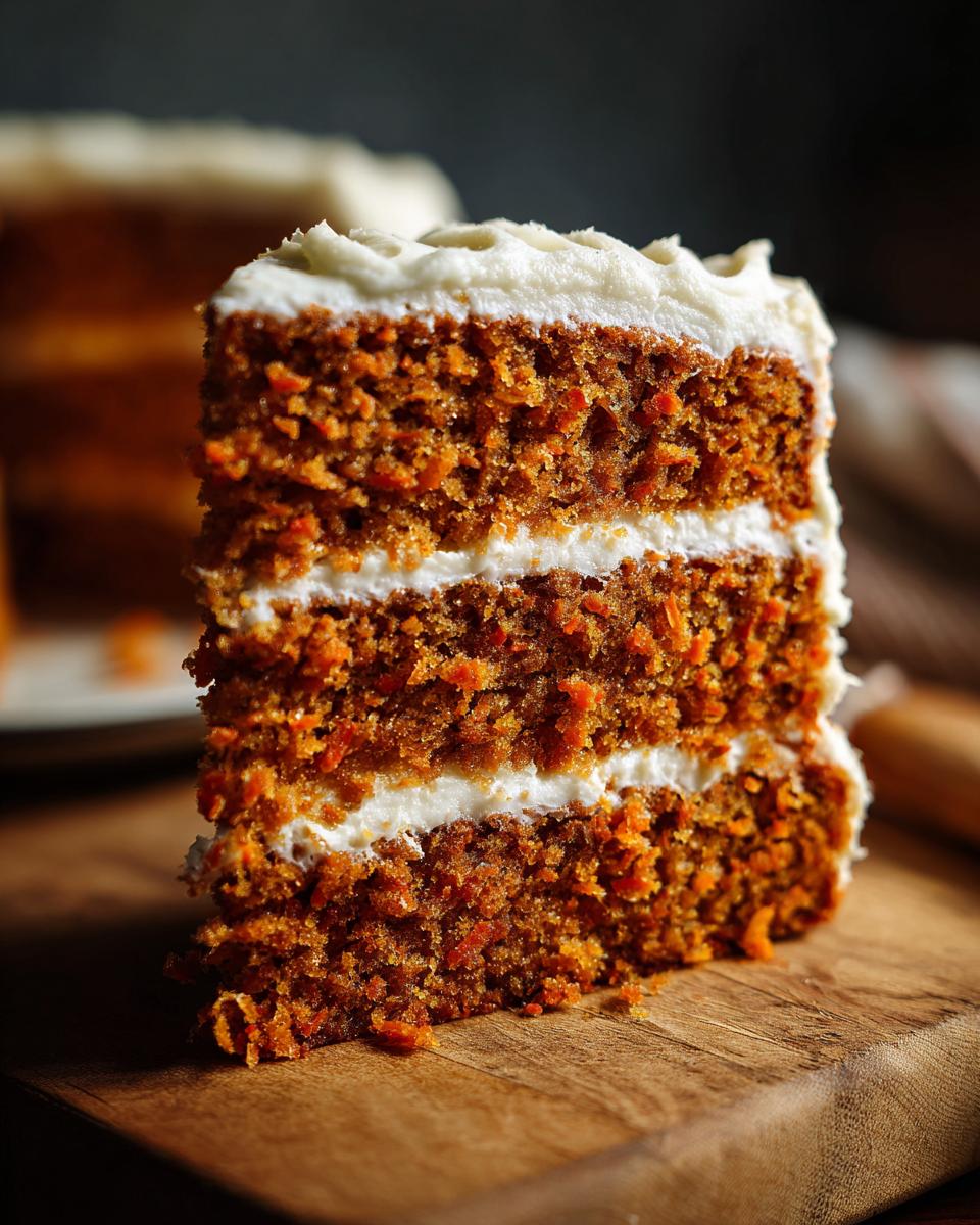 A close-up of a moist carrot cake slice with three layers of cake and cream cheese frosting.