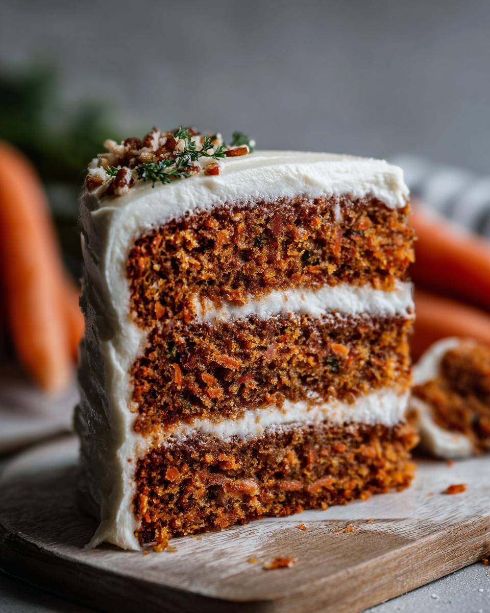 A close-up of a moist carrot cake slice with cream cheese frosting, topped with nuts and herbs.