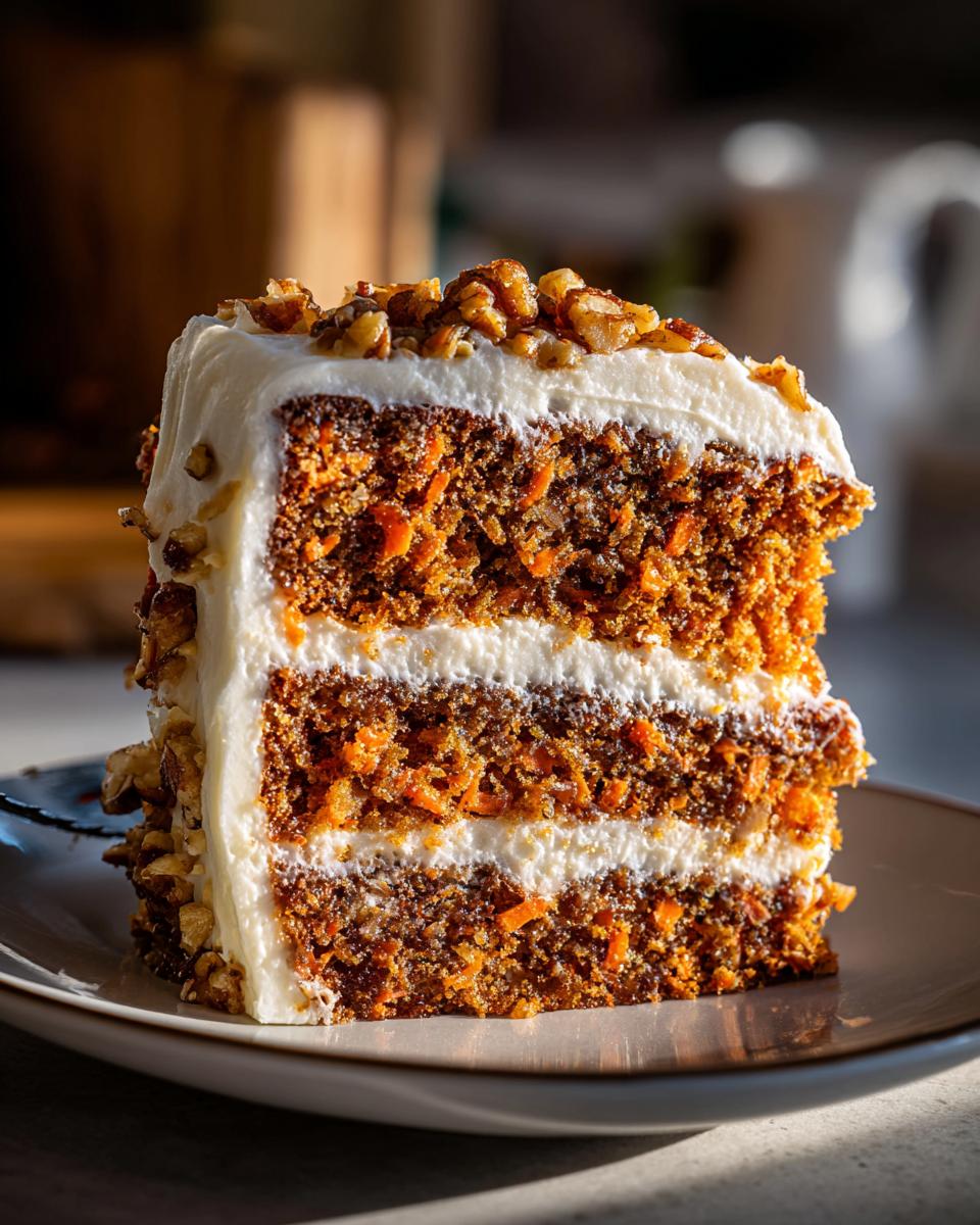 A delicious slice of moist carrot cake with layers of cream cheese frosting and chopped walnuts on top.