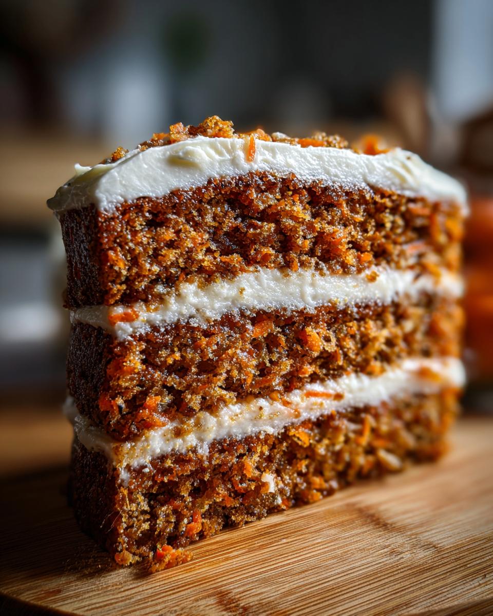 A thick slice of moist carrot cake with three layers and cream cheese frosting, topped with crumbled nuts.