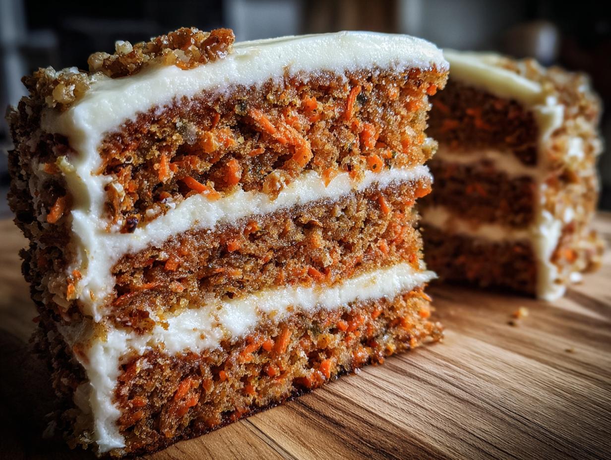 Close-up of a moist carrot cake slice with layers of fluffy cream cheese frosting and visible shredded carrots.