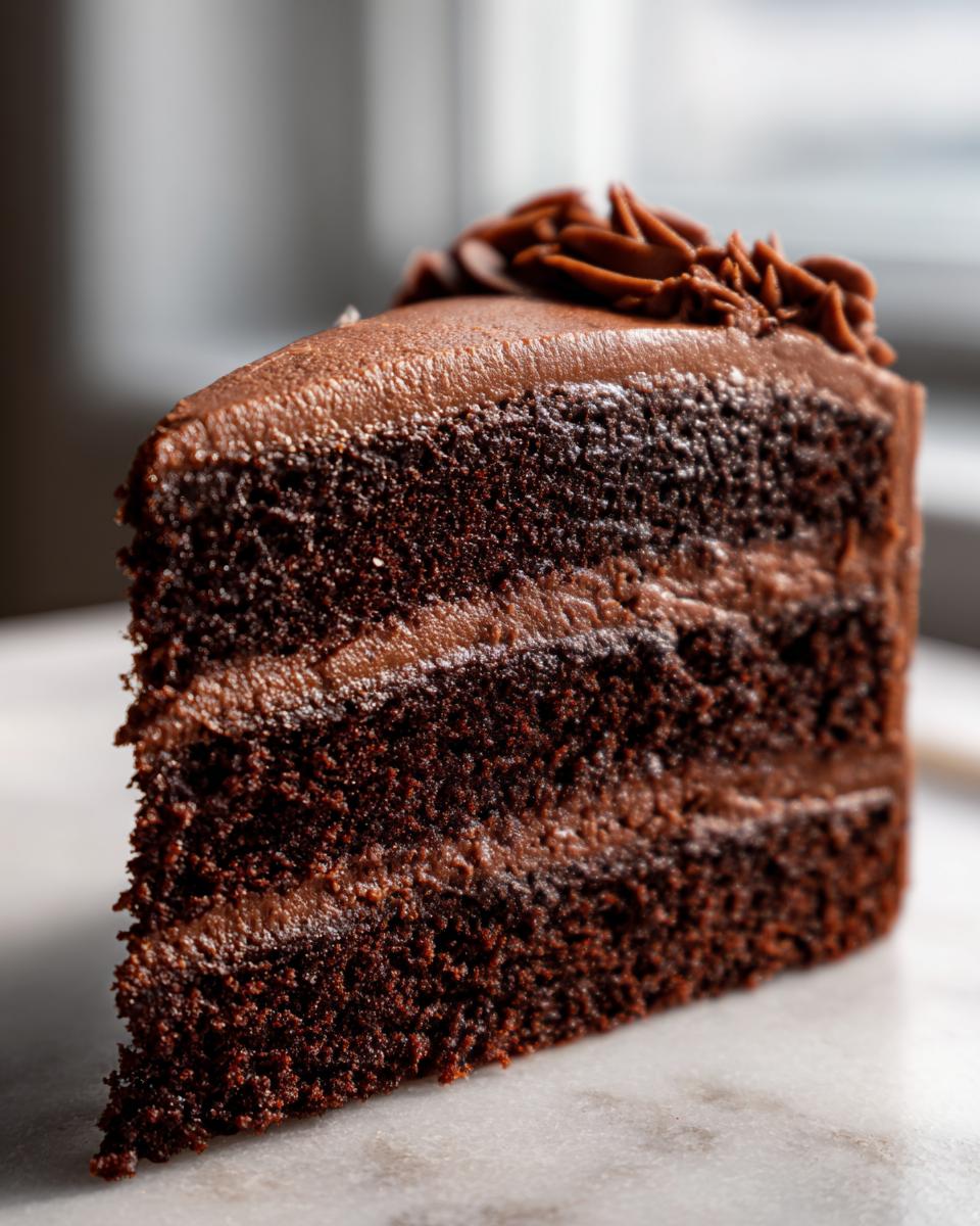 A close-up of a moist chocolate cake slice with layers of rich chocolate frosting.