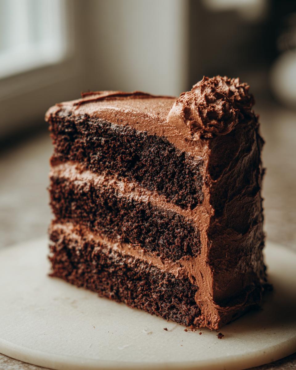 A decadent slice of moist chocolate cake with layers of rich chocolate frosting.