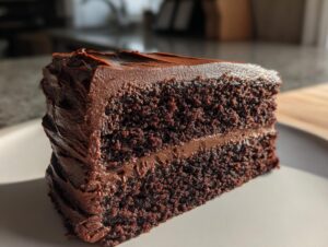 A close-up of a moist slice of chocolate cake with rich chocolate frosting.