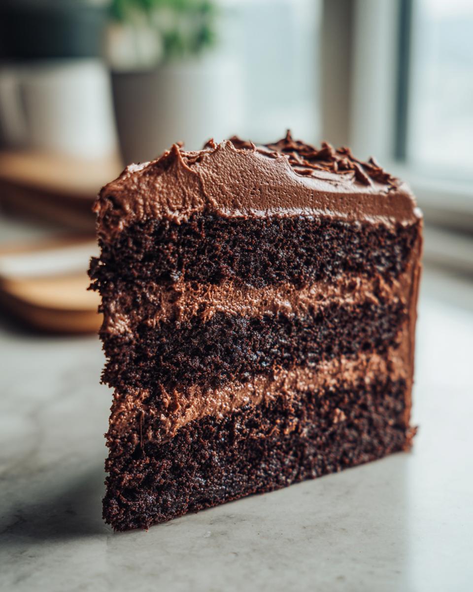 A slice of moist chocolate cake with layers of dark chocolate cake and rich chocolate frosting.