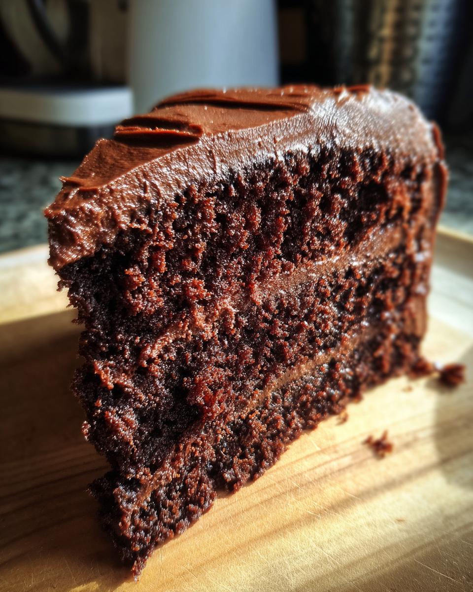 Close-up of a moist slice of chocolate cake with rich chocolate frosting, showing the cake's texture.