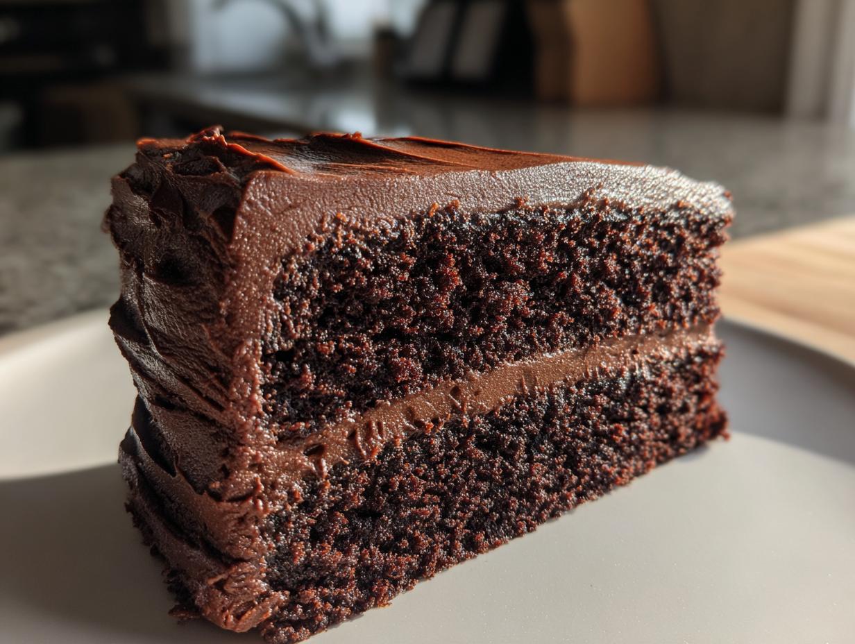 A close-up of a moist slice of chocolate cake with rich chocolate frosting.