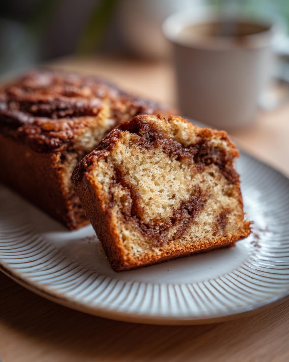 A close-up of a slice of moist zucchini bread with a cinnamon swirl, served on a plate.