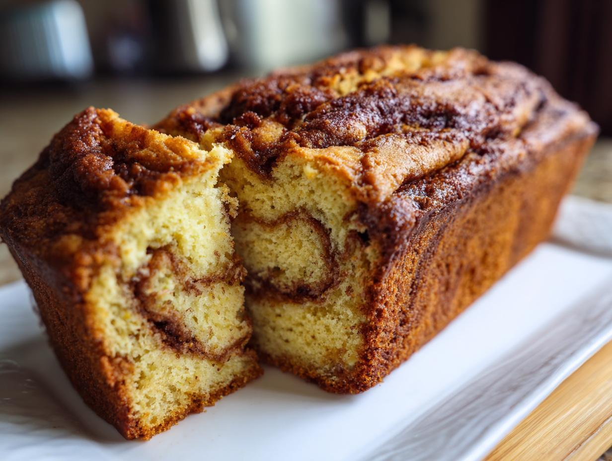 A close-up of a moist zucchini bread loaf, sliced to reveal a beautiful cinnamon swirl inside.