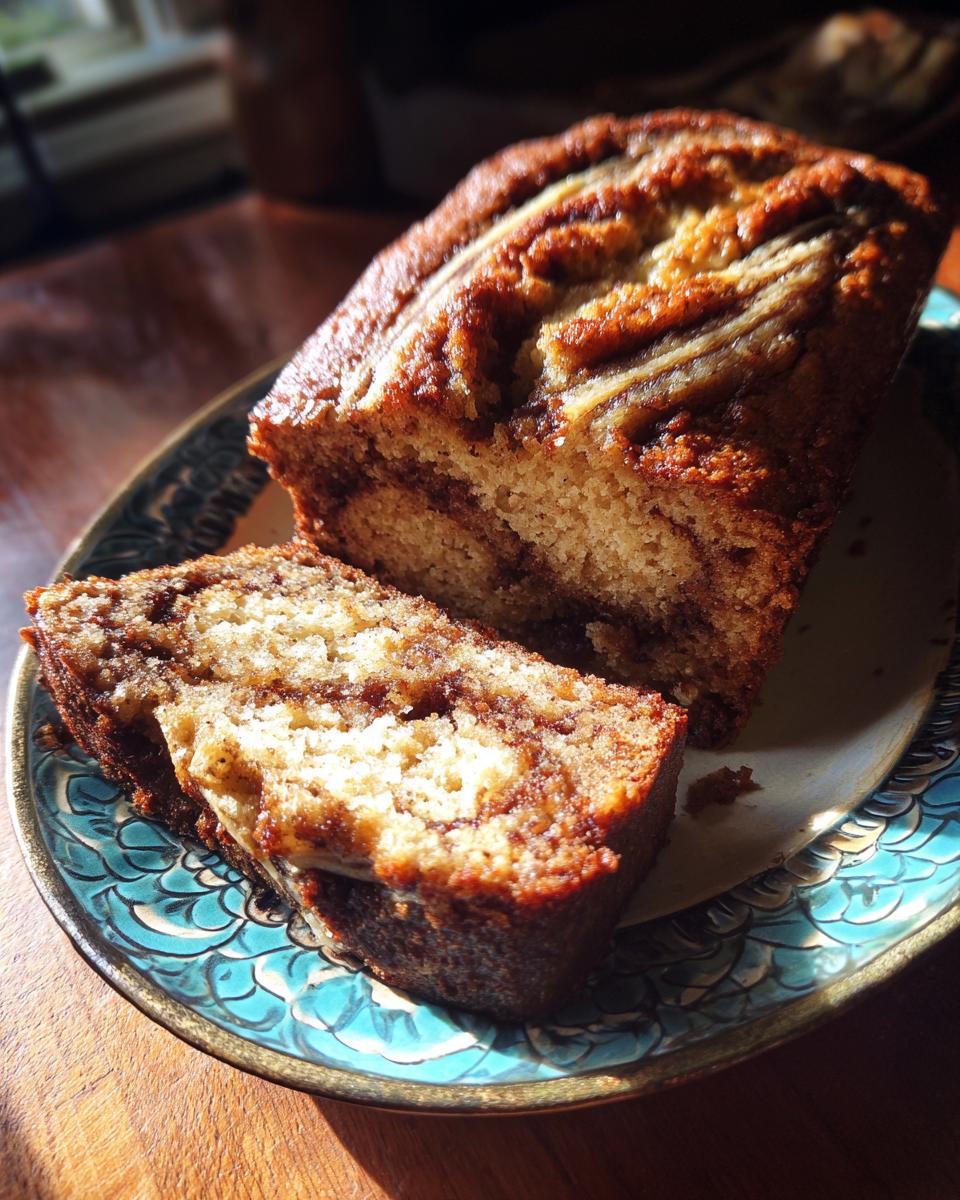 A close-up of a moist zucchini bread slice with cinnamon swirls on a decorative blue plate.