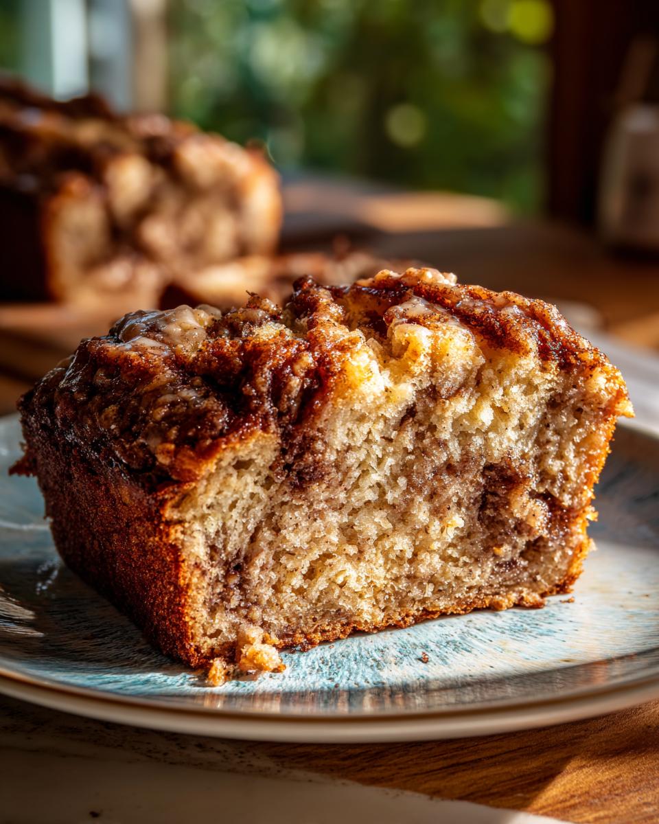 A close-up of a moist slice of zucchini bread with a cinnamon swirl topping, served on a blue plate.