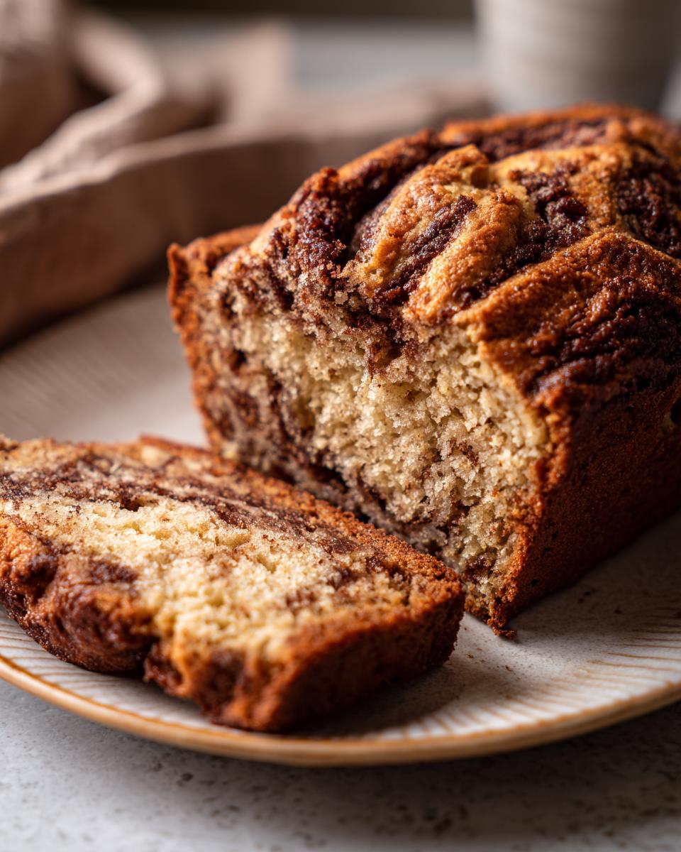 Close-up of a slice of moist zucchini bread with chocolate swirls on a plate.
