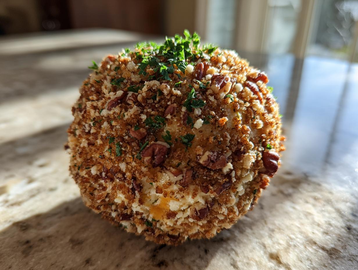 Close-up of a round cheese ball coated in crunchy nuts, breadcrumbs, and fresh parsley.