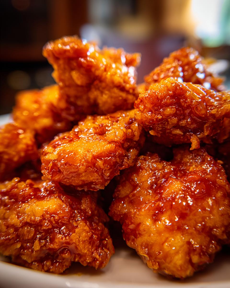 Close-up of a pile of crispy, glazed Orange Chicken bites, glistening with sauce.
