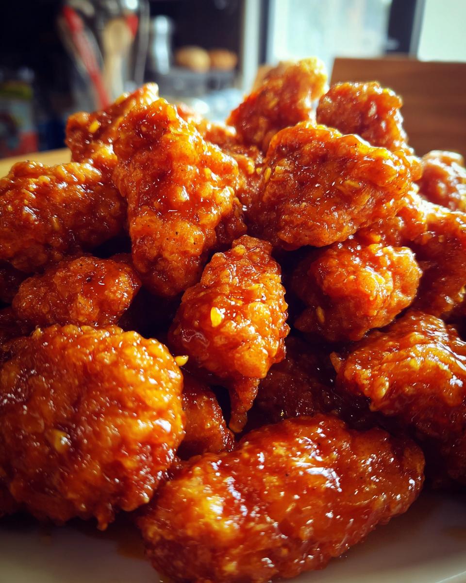 Close-up of a pile of crispy, glazed Orange Chicken bites.