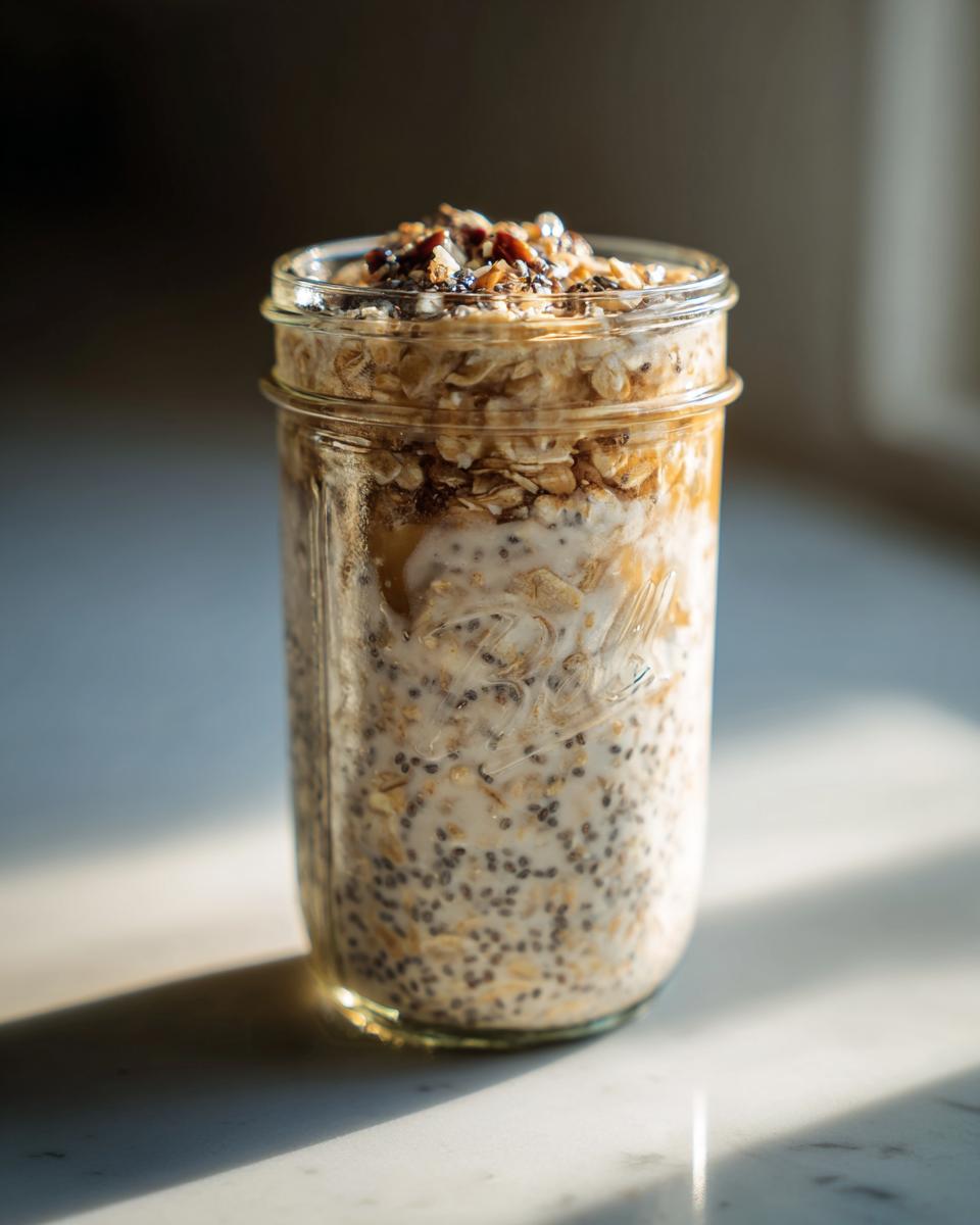Close-up of overnight oats in a mason jar, layered with oats, chia seeds, and milk, topped with nuts and seeds.