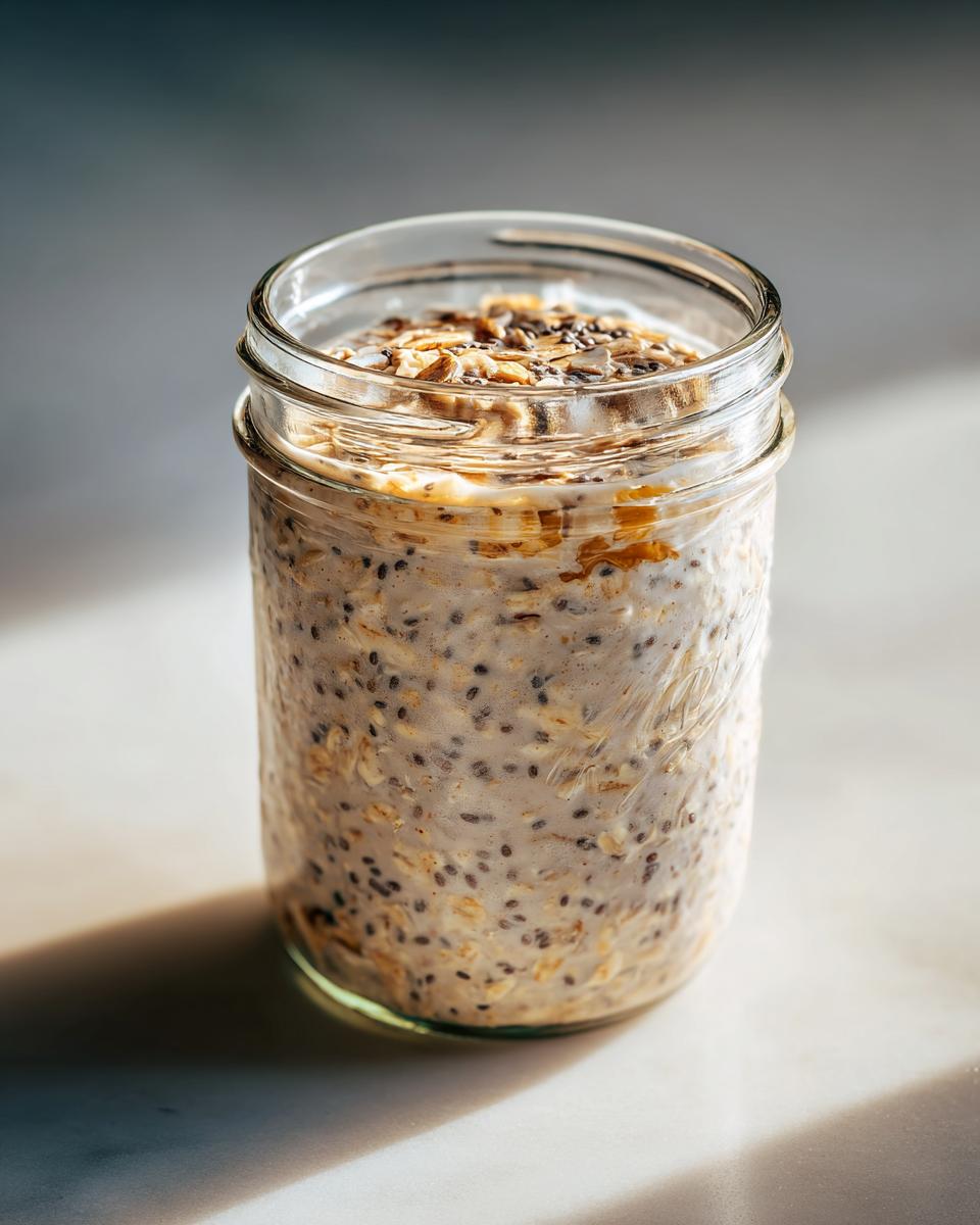 A close-up of overnight oats in a mason jar, topped with granola and chia seeds.