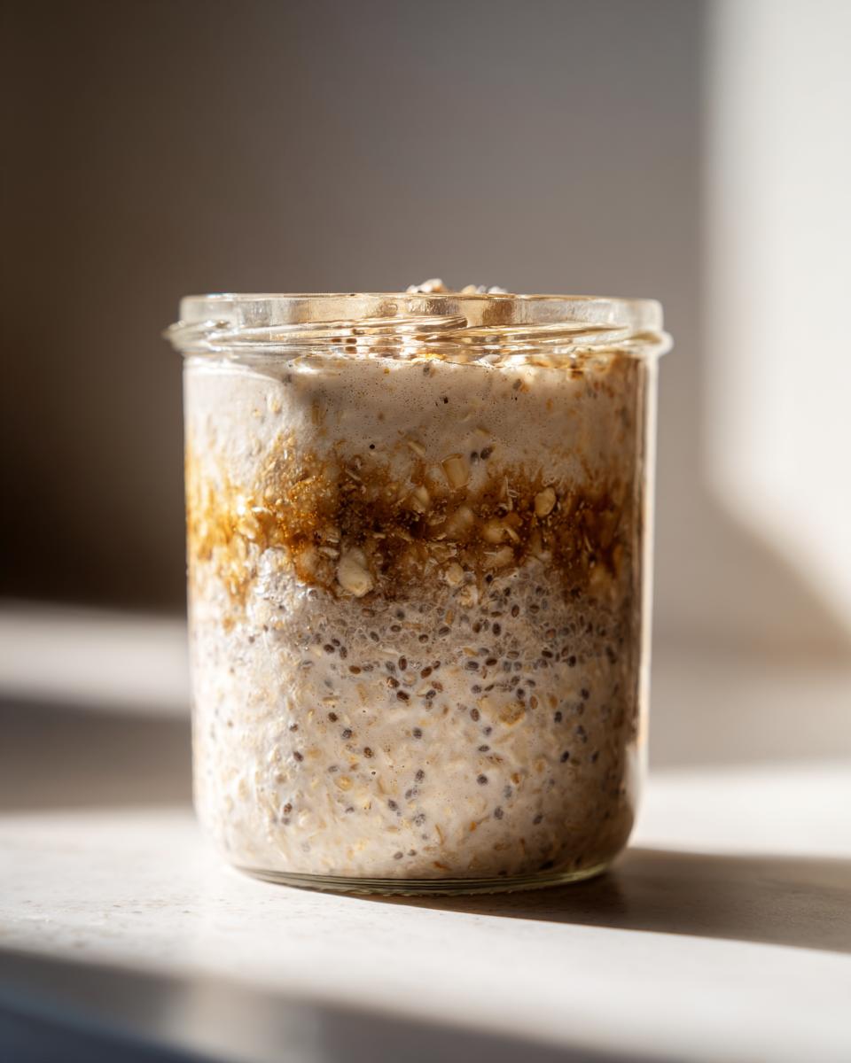 Close-up of layered overnight oats in a glass jar, showing chia seeds, oats, and a caramel-like drizzle.