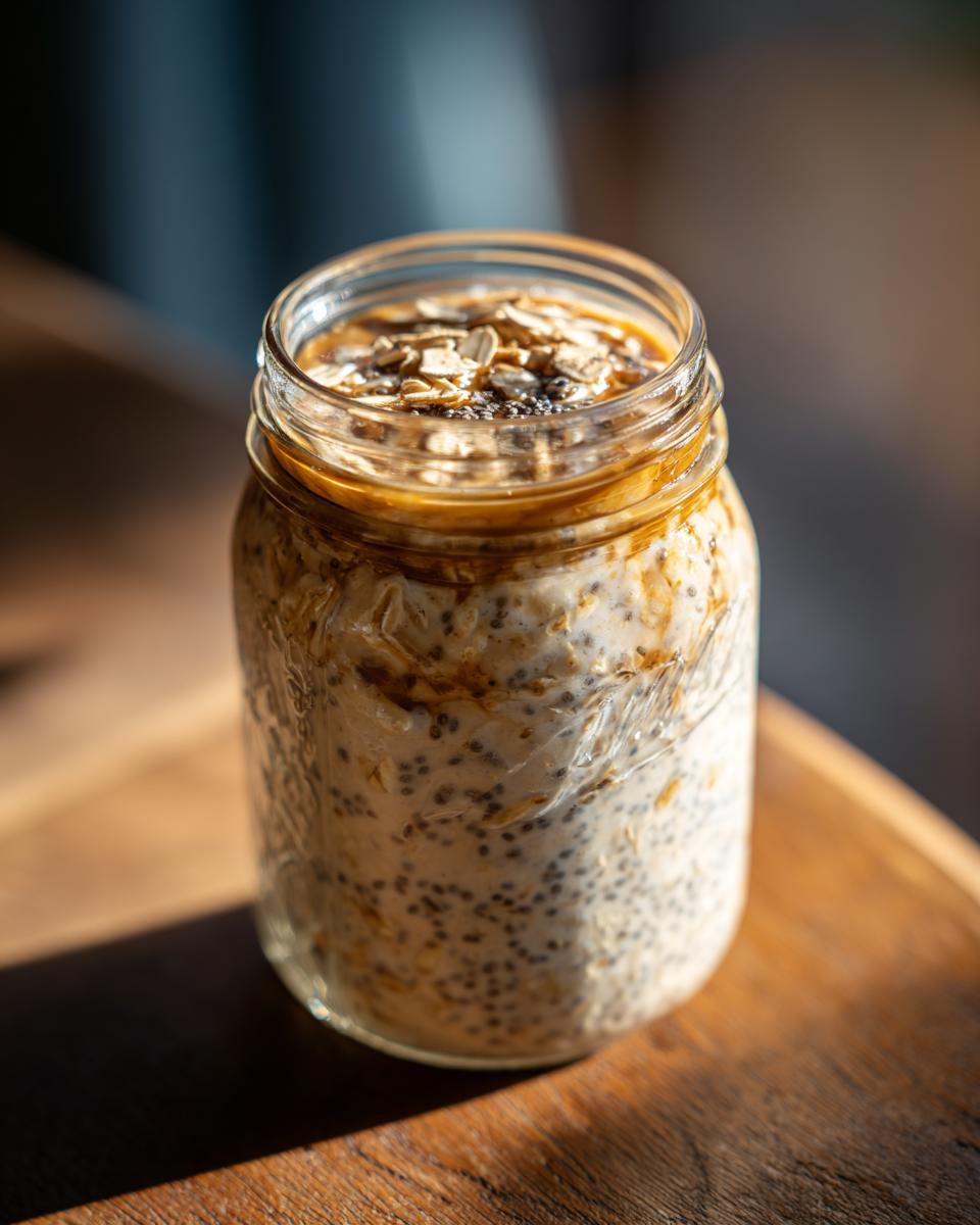 A close-up of overnight oats in a mason jar, topped with oats and a drizzle of syrup.